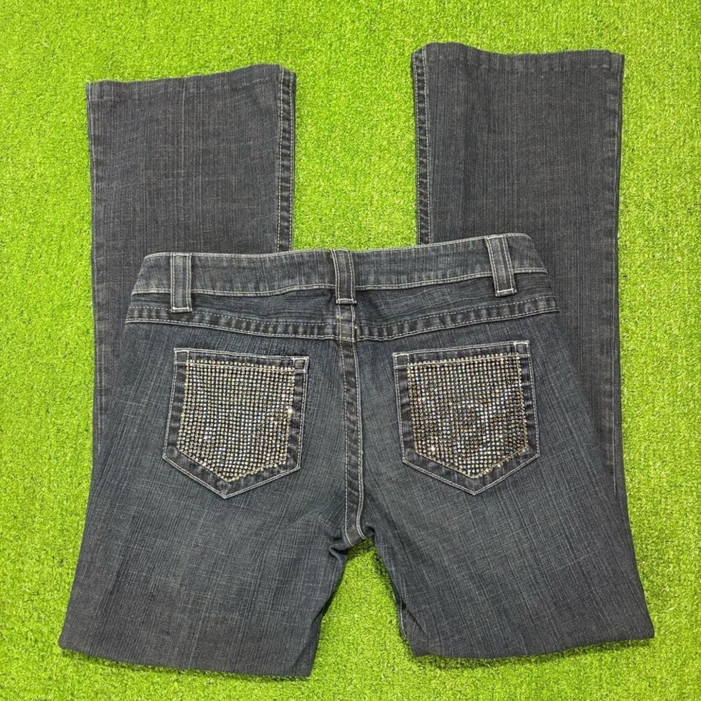 VtgY2K Bebe Womens‎ 30 Low Rise Bootcut Flare Dark Wash Denim Rhinestones Bling